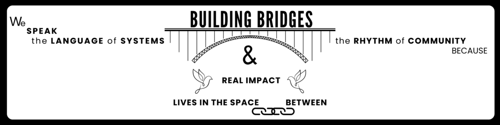 Black-and-white graphic reading “Building Bridges.” A stylized bridge arches across the center above the words “& Real Impact,” with doves on either side. Text on the left says, “We speak the language of systems,” and text on the right says, “the rhythm of community, because.” Below, the phrase “Lives in the space between” appears with linked chain imagery, symbolizing connection between systems and community.