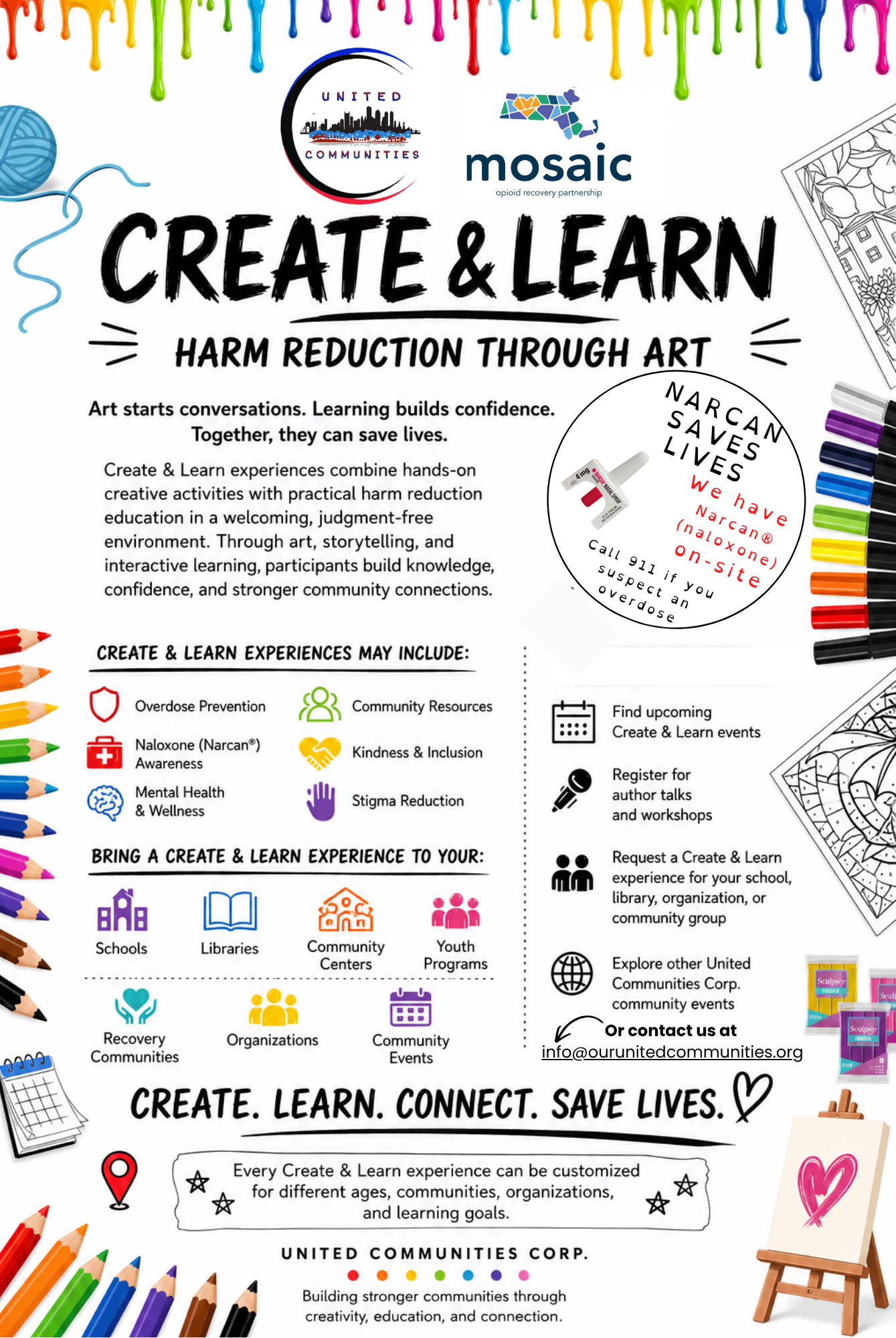 Create and Learn harm reduction through art program flyer from United Communities Corp. and Mosaic Opioid Recovery Partnership
